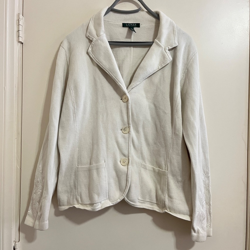 Lauren Ralph Lauren Women Embroidered Knit Blazer XLarge Ivory Coastal Old Money